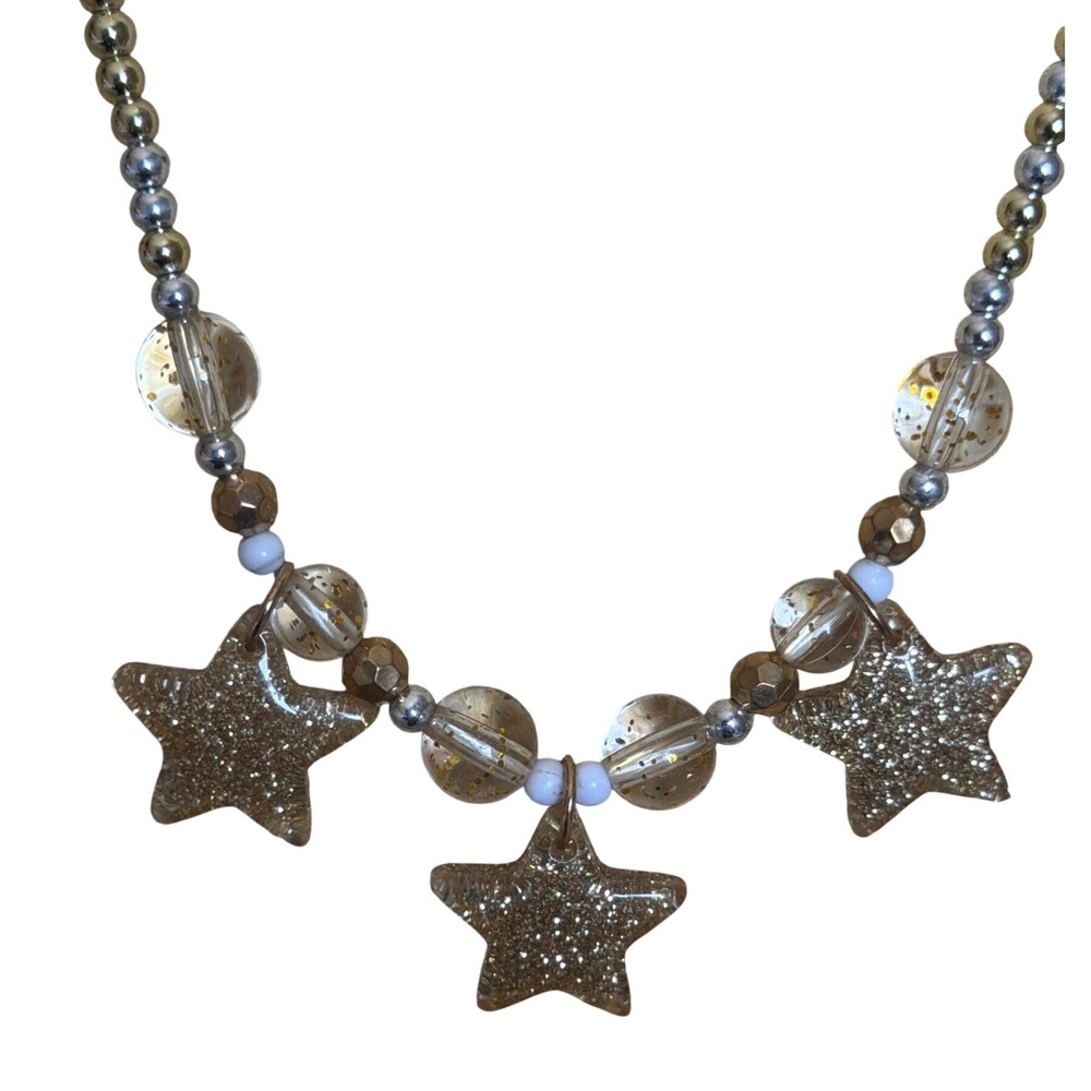 Gold Silver Tone Beaded Celestial Star Charm Necklace  Glitter Stars